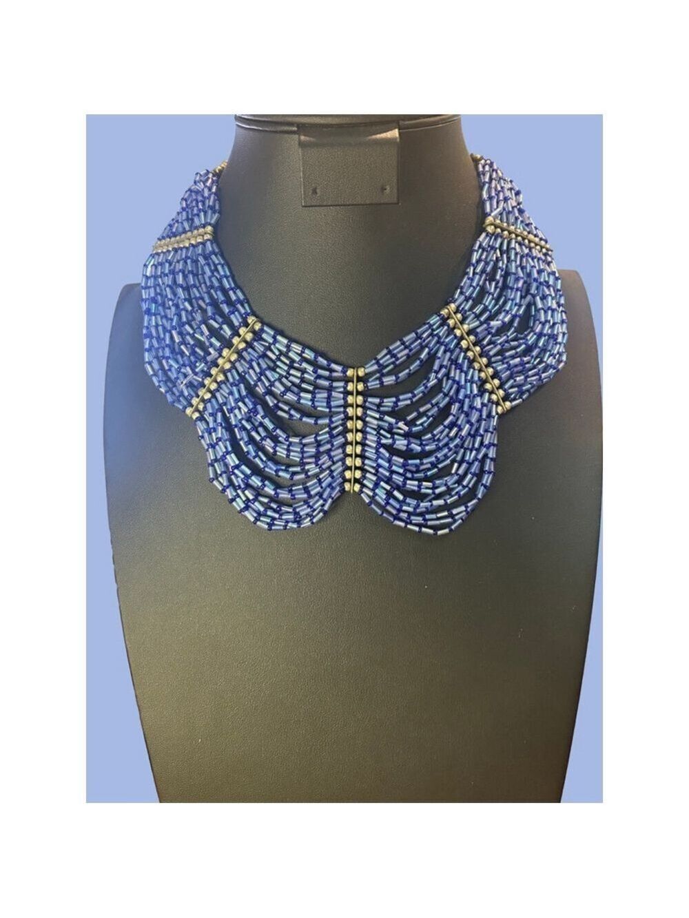 Gorgeous Blue seed bead collar necklace with silver enhancements. Choker length